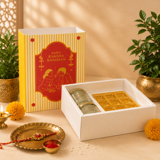 Gift box with gold items and Raksha Bandhan-themed packaging on a decorative table.