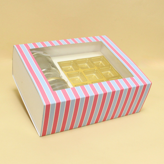 Pink stripes festive gift box for baby announcements, Rakhi and chocolates with window
