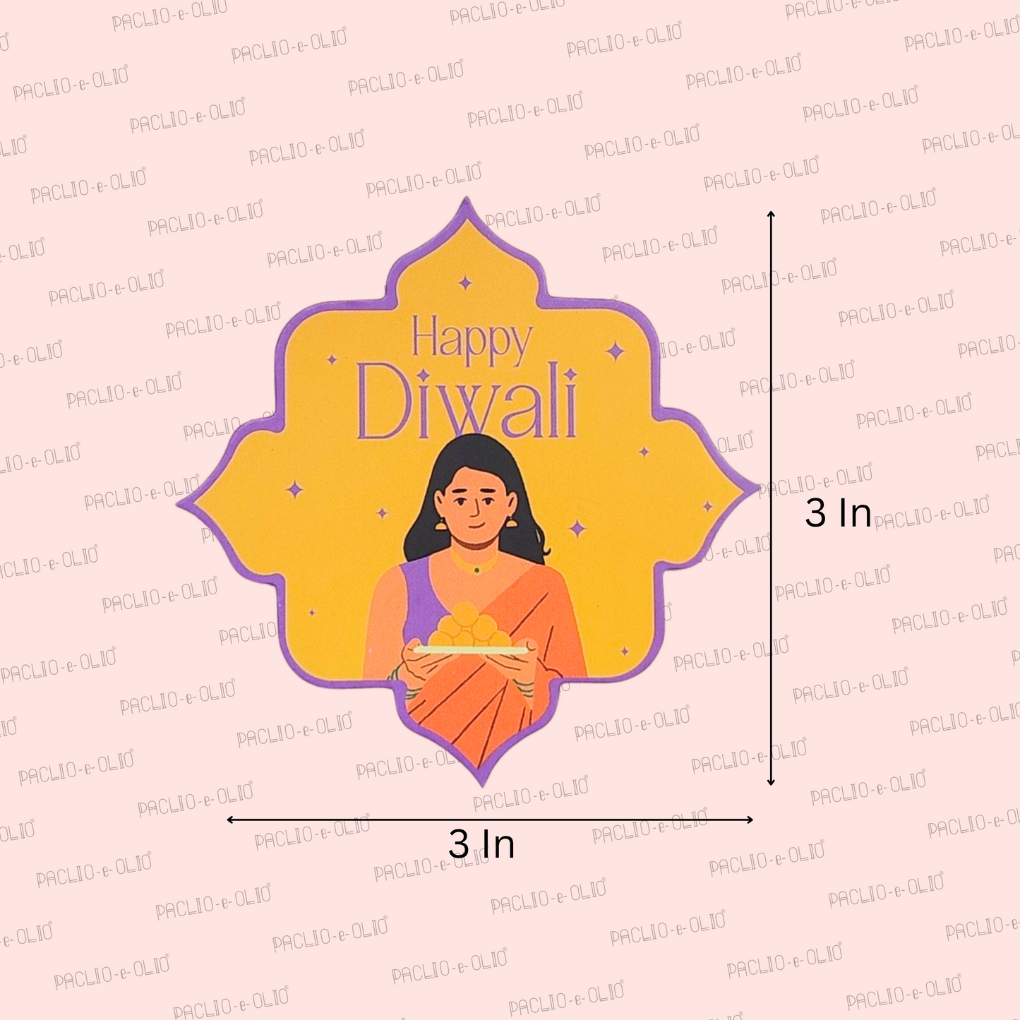 Illustration of a woman holding a Diwali lamp with 'Happy Diwali' text on a pink background.