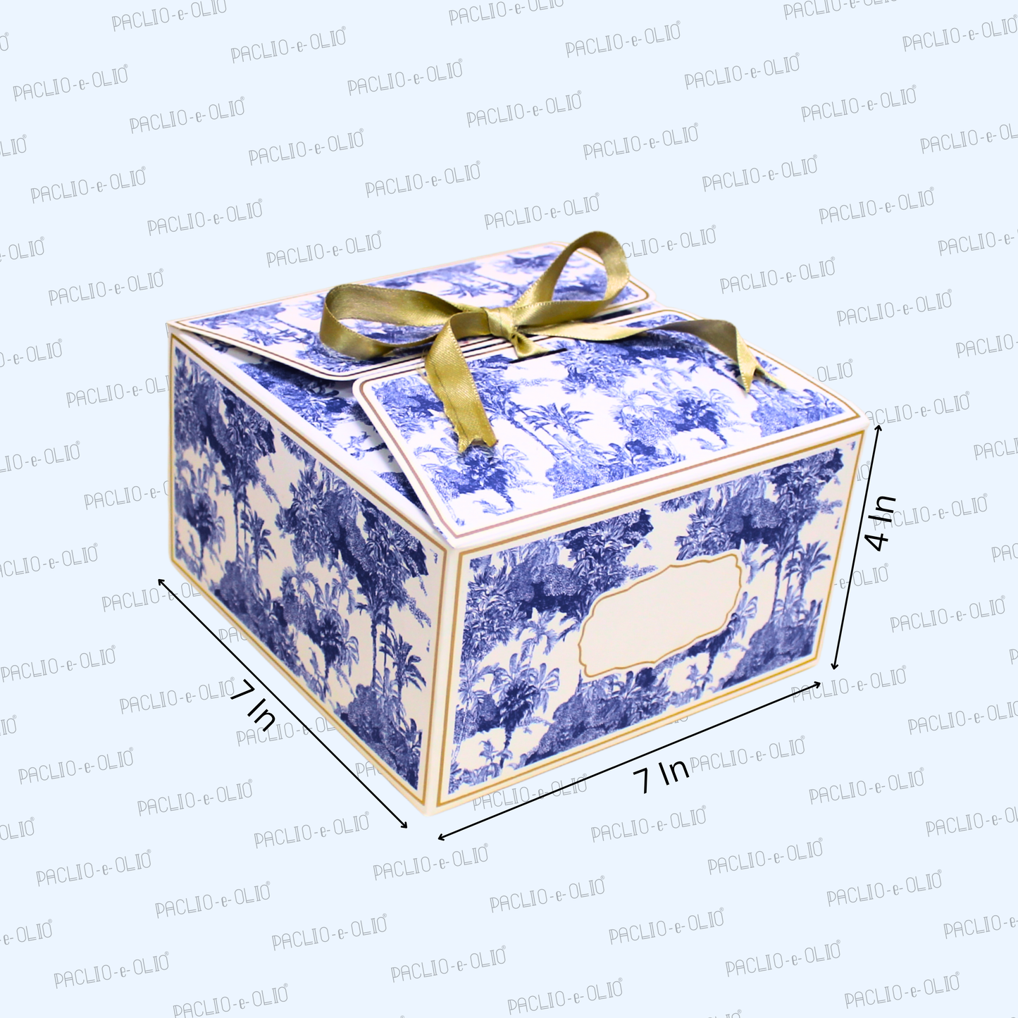 Decorative box with blue floral pattern and gold ribbon, shown with dimensions on a white background.