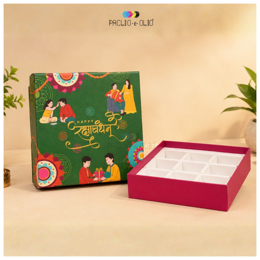 Decorative gift box with colorful design and 'Happy Diwali' text on a beige background.