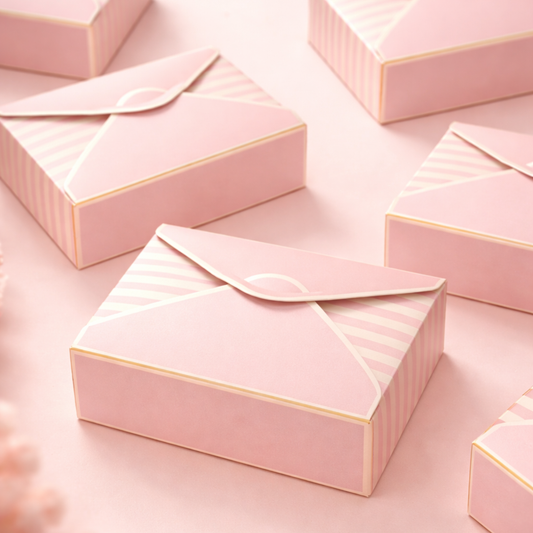 Pink gift boxes with gold edges on a pink background