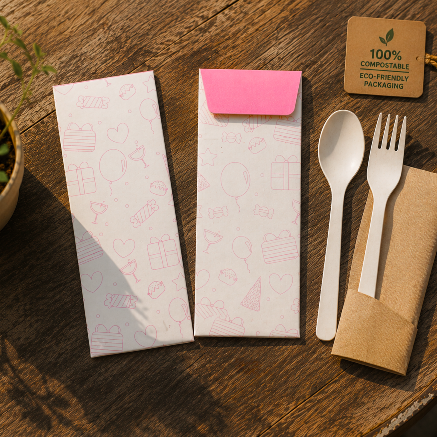 Eco-friendly packaging with a pink and white patterned bag, wooden spoon, fork, and brown paper bag on a wooden surface.