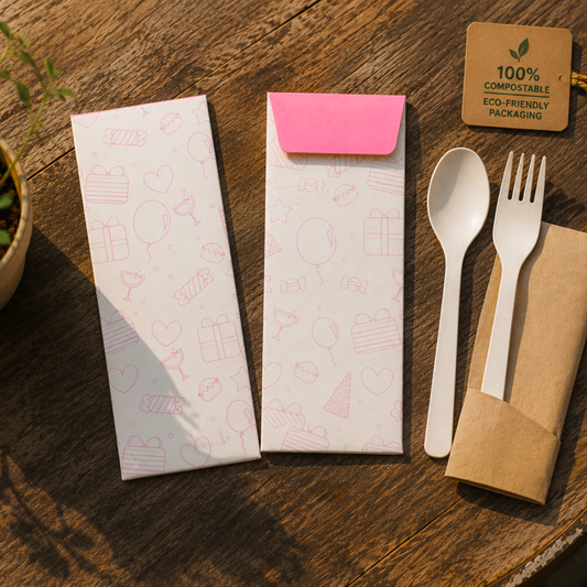 Eco-friendly packaging with a pink and white patterned bag, wooden spoon, fork, and brown paper bag on a wooden surface.