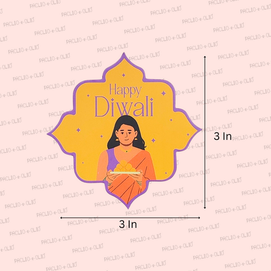 Illustration of a woman holding a Diwali lamp with 'Happy Diwali' text on a pink background.