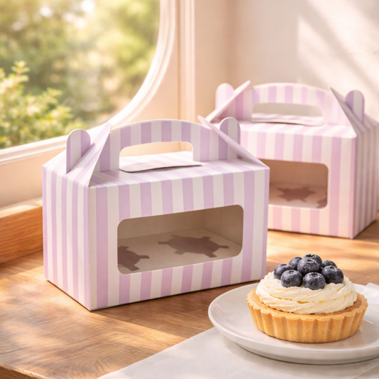 Striped cake box with a window on a wooden table, next to a tart with blueberries.
